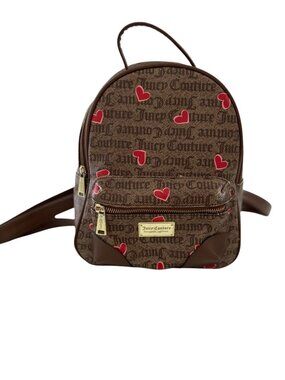 Juicy Couture Brown Mini Backpack With Red Heart Print & Adjustable Straps